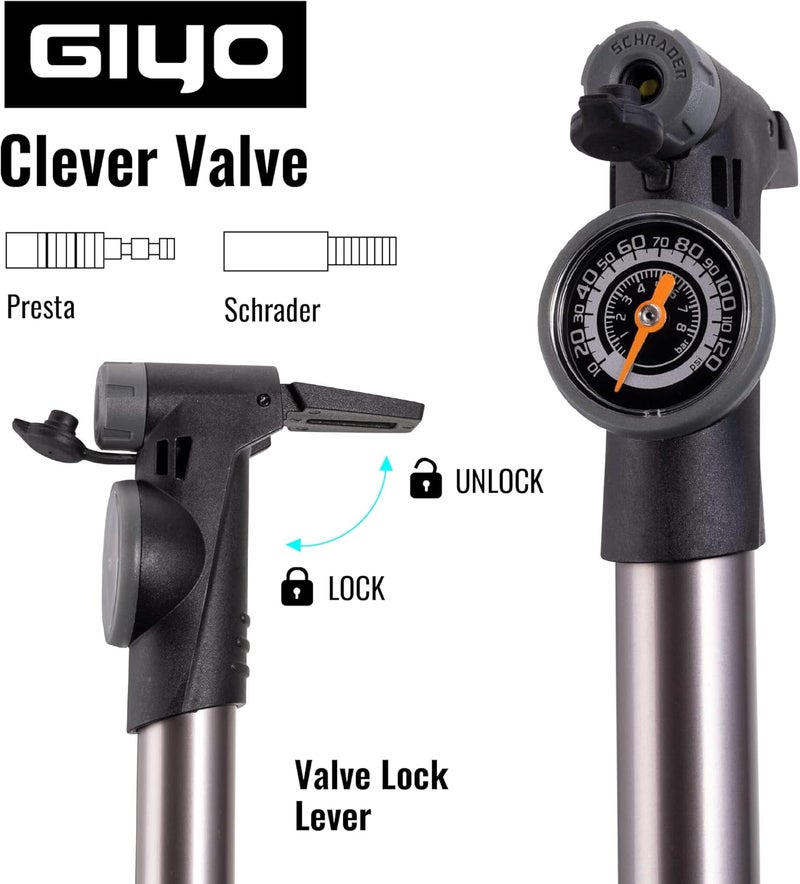 Giyo Mini Bike Pump with Gauge 2 Stage HP/HV 120 PSI Schrader & Presta Bike Tire Pump | Easy Inflation for Road & MTB | Frame Mount Included | Taiwan Made (GP-993) - Image 3